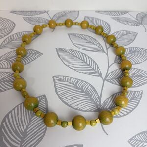 Vintage Wooden Necklace Green Yellow Circles Squares Artsy